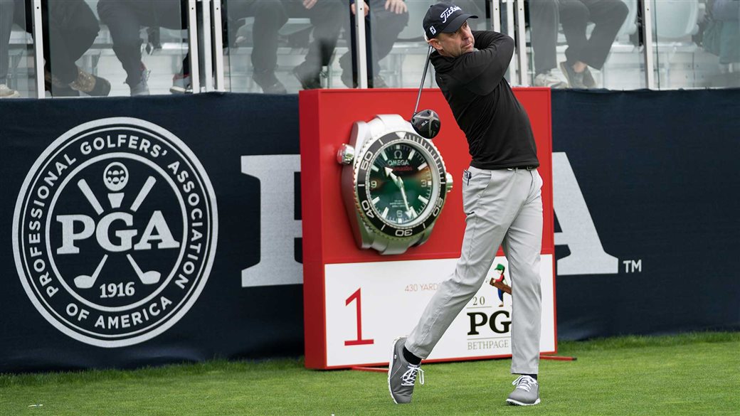 Titleist staff member Rob LaBritz tees off on the first hole during practice round action at the 2019 PGA CHampionship at Bethpage Black