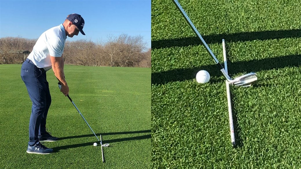 Titleist staff instructor demonstrates how to set up his Jump The Fence Drill for golfers who struggle with heel-biased face contact.